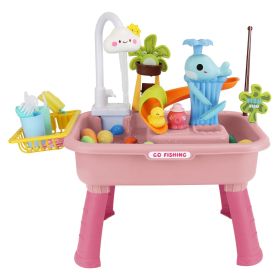 3 In 1 Kitchen Sink Toy with Electric Faucet Water Table Fishing Game Role Play Sink Set Indoor Outdoor for Kids Aged 3+ Years Old (Color: Pink)